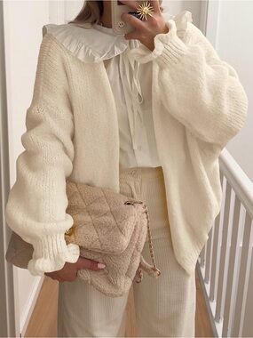 Cream Ruffled-Cuff Knit Sweater - Women's